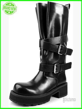 Knee High Chunky Heel Combat Boots Platform Moto Boots Wide Calf